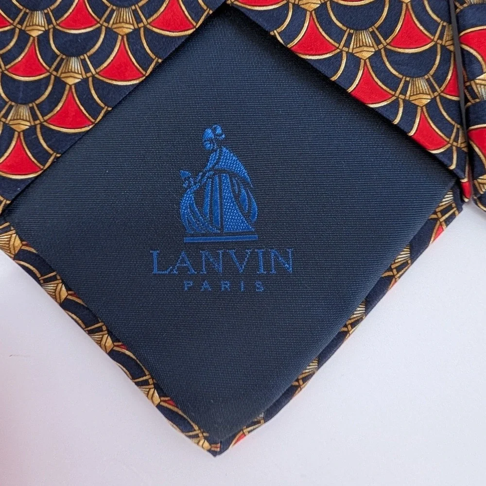 Lanvin Paris Silk Necktie Mens VTG Red Blue Gold Art Deco Scallop Made in France